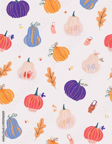 seamless pattern with pumpkins and flowers