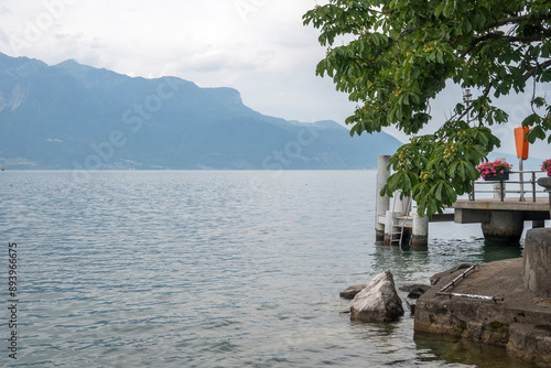 Panorama of town of Vevey and Lake Geneva, Switzerland