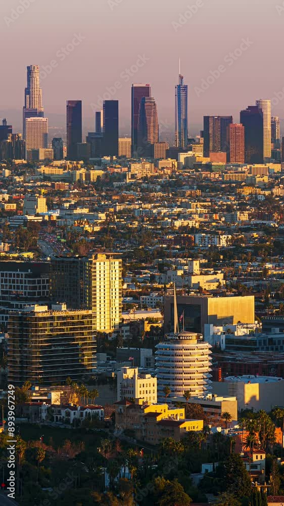 Hollywood and Downtown Los Angeles Skyline Sunset Time Lapse 4K Vertical