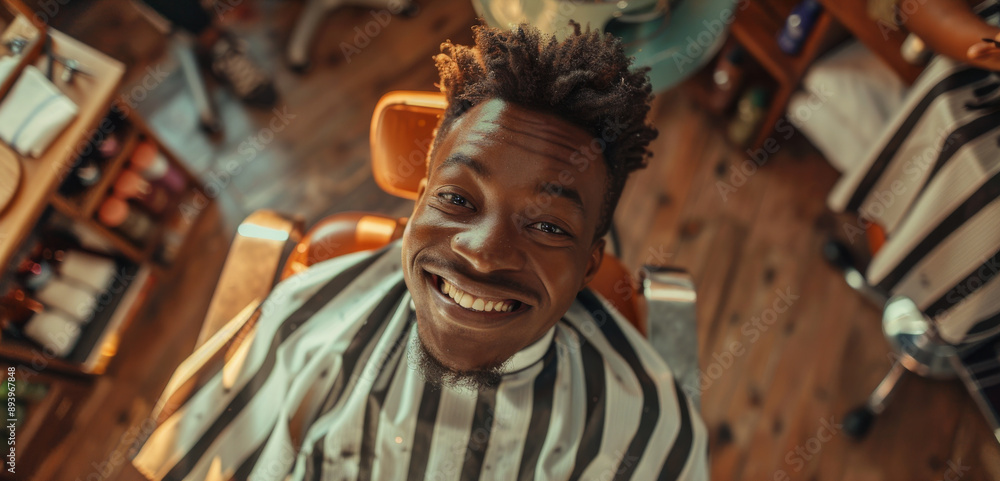 A man smiling while sitting in a barber chair, wearing a striped barber cape, representing male grooming, self-care, and modern masculinity.
A man smiling while sitting in a barber chair, wearing a striped barber cape, representing male grooming, self-care, and modern masculinity.
