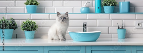 White cat sitting on the edge of a blue sink in a bright kitchen with blue cabinets and decorations