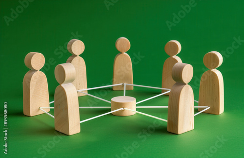 Wooden figures connected by lines, representing the concept of network and social interaction. People connecting in an office or business setting.