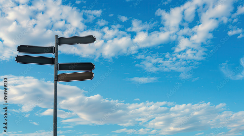 Blank road signs against the sky. Directional signs where inscriptions can be added. Concept of choosing a path. Blank road signs against the sky. Directional signs where inscriptions can be added. Concept of choosing a path.