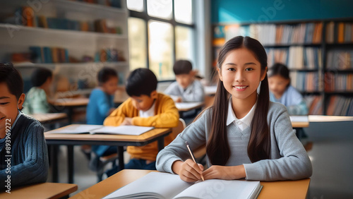 CRIANÇA, MENINA, ESTUDANDO E FAZENDO TAREFA EM SALA DE AULA