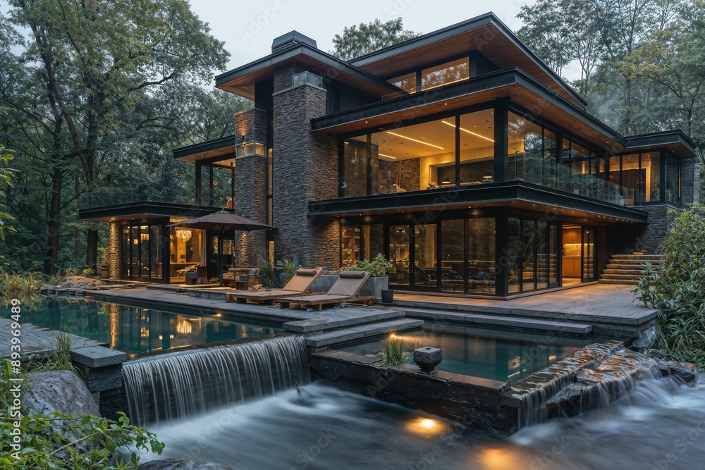 Modern luxury house with large glass windows and a pool in a forest setting Modern luxury house with large glass windows and a pool in a forest setting