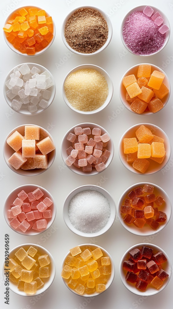 Various colorful gummy bears and sugar crystals in white bowls on white background Various colorful gummy bears and sugar crystals in white bowls on white background