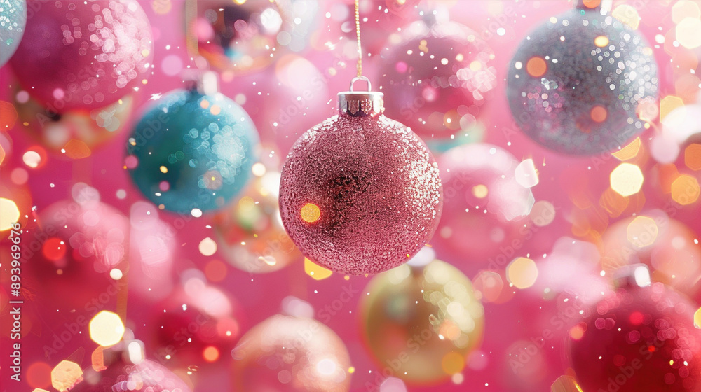 Pink Christmas decorations are suspended in the room and shimmer in the sun. Pink Christmas decorations are suspended in the room and shimmer in the sun.