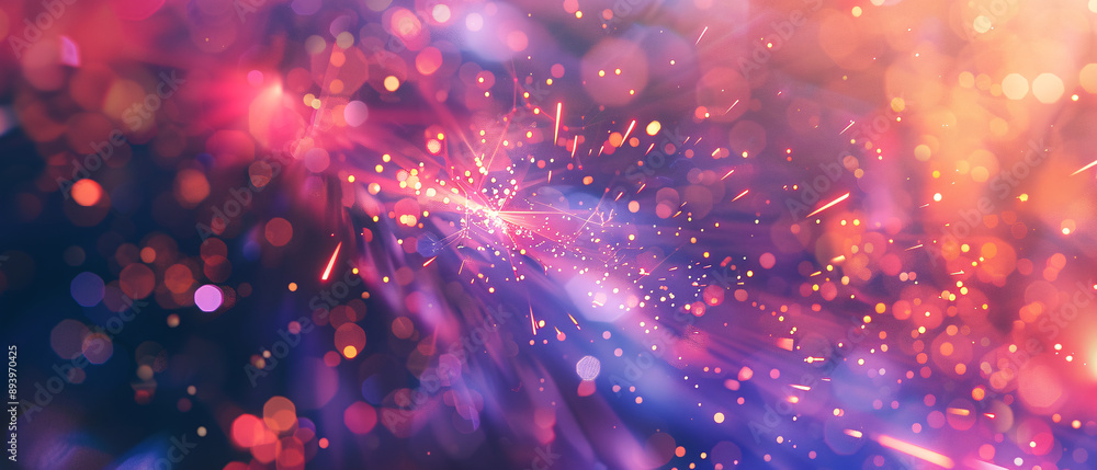 Fototapeta premium Glowing pink and purple particles floating on a dark background