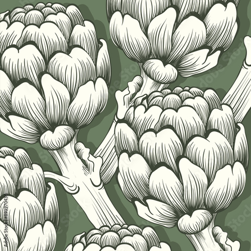 Seamless pattern with artichokes. Vector illustration. Botanical pattern for textiles and wallpapers. Hand drawn vector elements