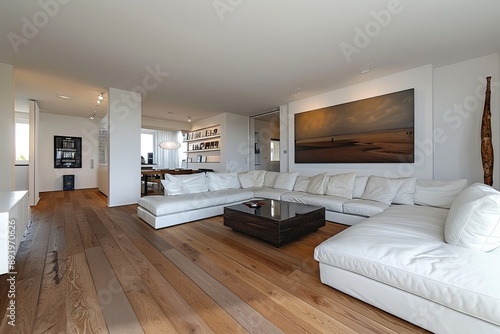 Luxury living room with white sofa and wooden floor. Nobody inside