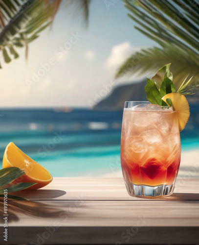 A fruity cocktail close up with a tropical beach background relaxing vacation 