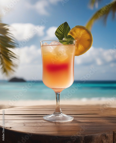 A fruity cocktail close up with a tropical beach background relaxing vacation 