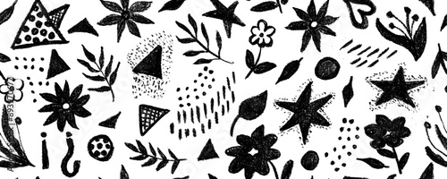 Seamless pattern fun doodle shapes drawn with charcoal or chalk. Hand drawn childish style figures: flower, leaves, triangle, dots, squiggles and stars. Set of marker scribbles, curved lines and diffe
