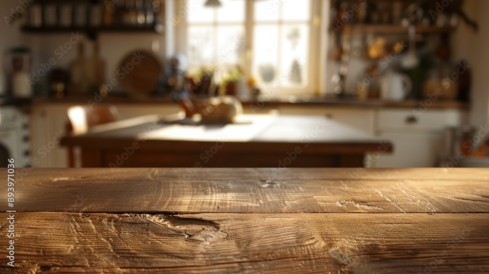 Wood table surface with blurred kitchen background Wood table surface with blurred kitchen background