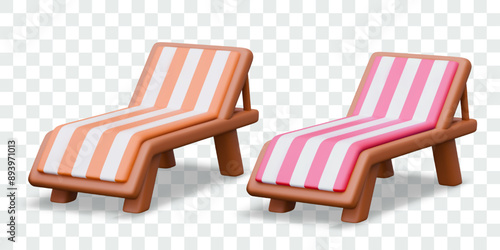 Set of empty deckchairs of different colors. Classic striped beach furniture