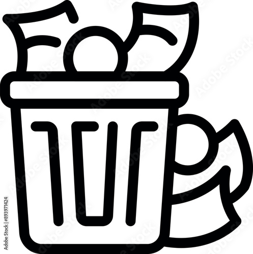 Line art icon style depicting a full trash can with money being thrown away