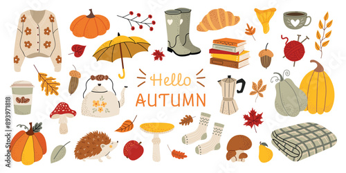 Autumn set of cute and cozy design elements. Hello fall. Pumpkins, socks, sweater, leaves, coffee, teapot, umbrella, mushrooms. Color flat vector illustration isolated on white background
