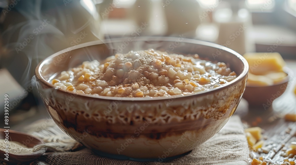 A warm hearty bowl of soup with visible grains and seasonings. A warm hearty bowl of soup with visible grains and seasonings.