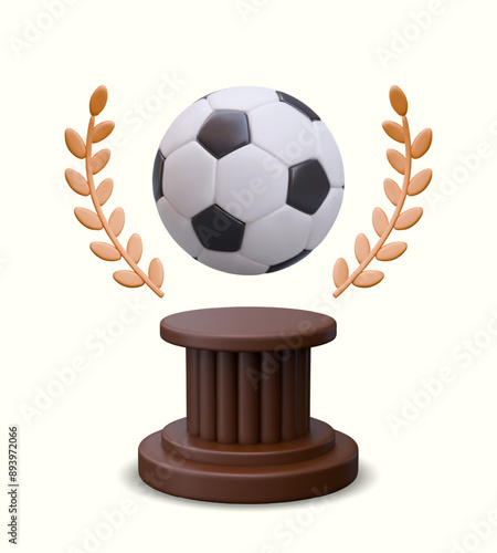 Realistic soccer ball with golden laurel wreath on stand. Vector composition