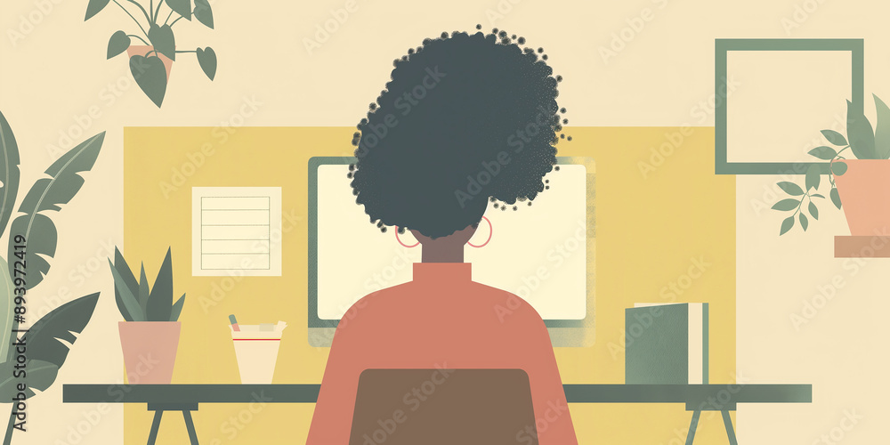 Young black woman working from home office using desktop computer Young black woman working from home office using desktop computer