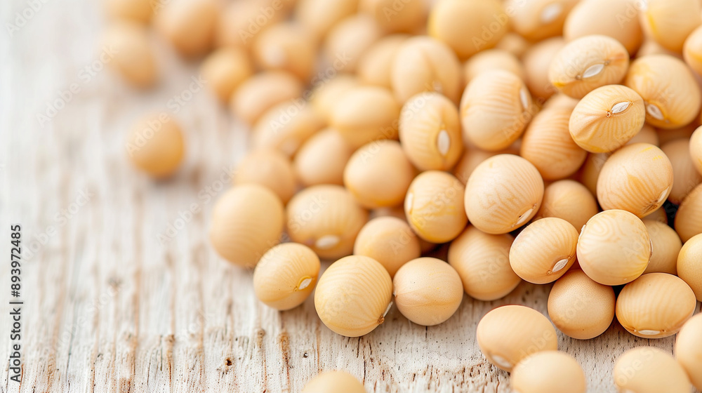 Soybeans scattered on a wooden surface. Natural food ingredients with a focus on healthy eating and plant-based nutrition. Organic soybean grains for culinary use Soybeans scattered on a wooden surface. Natural food ingredients with a focus on healthy eating and plant-based nutrition. Organic soybean grains for culinary use