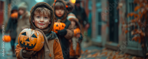 A group of children are holding pumpkins and smiling