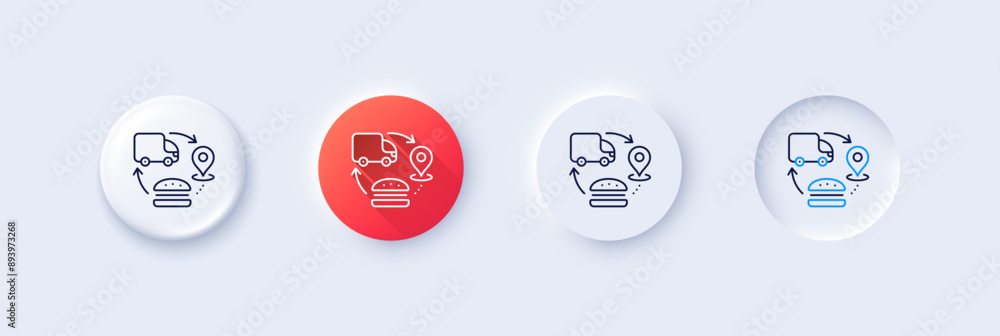 Supply chain line icon. Neumorphic, Red gradient, 3d pin buttons. Food delivery sign. Products supplier symbol. Line icons. Neumorphic buttons with outline signs. Vector Supply chain line icon. Neumorphic, Red gradient, 3d pin buttons. Food delivery sign. Products supplier symbol. Line icons. Neumorphic buttons with outline signs. Vector