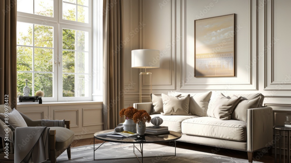Fototapeta premium A sunlit living room with a white sofa a glass coffee table and an armchair