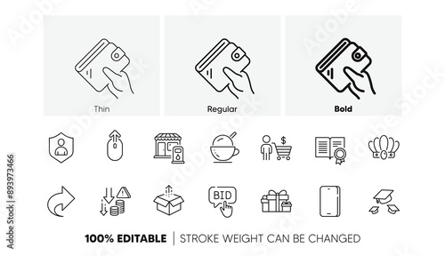 Bid offer, Share and Phone line icons. Pack of Wallet, Crown, Buyer icon. Ice cream, Security, Filling station pictogram. Throw hats, Send box, Swipe up. Deflation, Holiday presents, Diploma. Vector