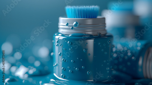 Close-Up of Blue Cosmetic Bottle with Brush and Water Droplets for Professional Product Advertising photo