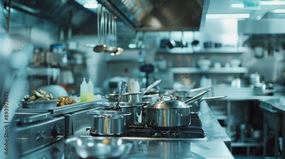 Stainless steel pots on a commercial stovetop in a professional kitchen Stainless steel pots on a commercial stovetop in a professional kitchen