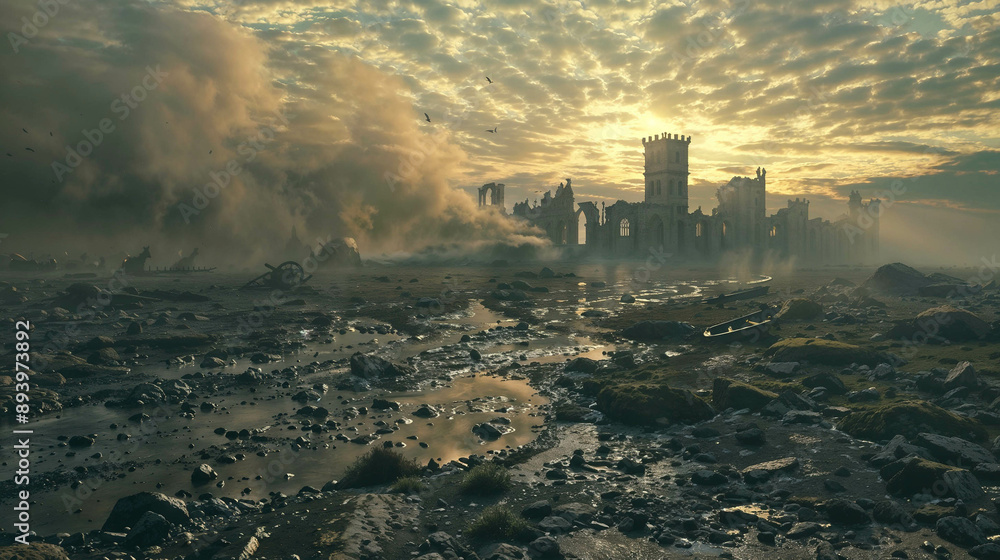 Fototapeta premium Ruined medieval castle silhouetted against dramatic cloudy sky. Debris-strewn rocky shore with reflective pools. Misty atmosphere and birds flying overhead for the background of a medieval wallpaper