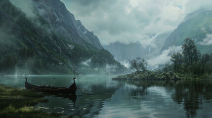 Misty fjord with Viking longship moored in foreground. Lush forests and towering cliffs surround calm waters. Ethereal atmosphere with soft light and low clouds.