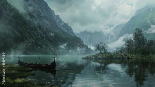 Misty fjord with Viking longship moored in foreground. Lush forests and towering cliffs surround calm waters. Ethereal atmosphere with soft light and low clouds. photo