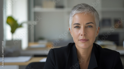 Confident mature woman with short grey hair, professional attire, sitting in office, successful business leader, focused expression, modern workplace, career concept