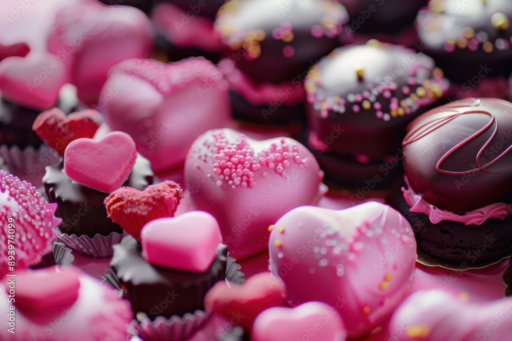 Obraz premium Heart-shaped chocolates with pink frosting and sprinkles.