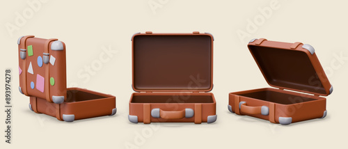 Open brown suitcase in different positions. Tourist bag with colorful stickers