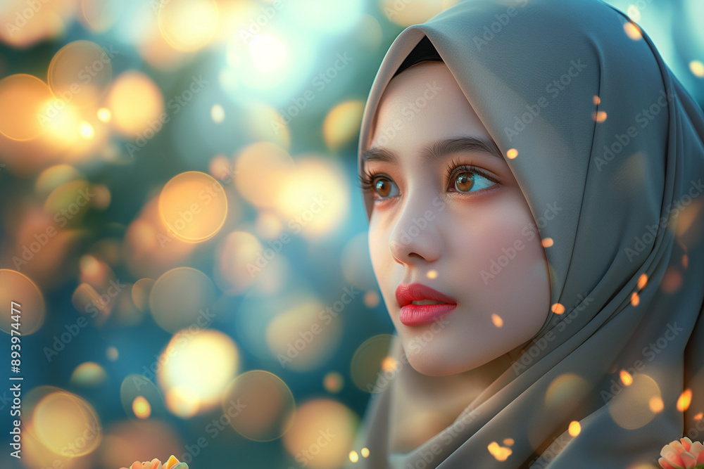 Beautiful young woman in embellished hijab, close-up portrait with bokeh lights, highlighting elegant features, soft focus, cultural and fashion concept.