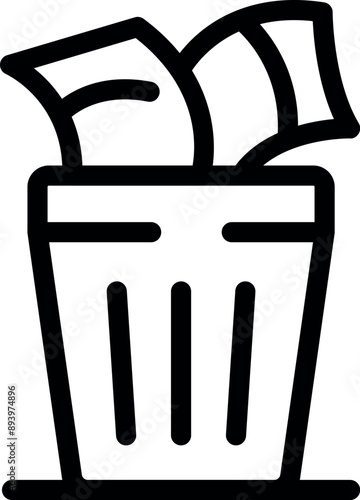 Line icon representing the concept of money waste, depicting banknotes being thrown away in a trash can