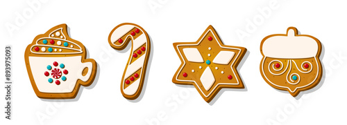 Christmas Gingerbread Cookies. Winter sweet homemade biscuits in different shapes isolated on white background. Holiday cartoon vector illustration