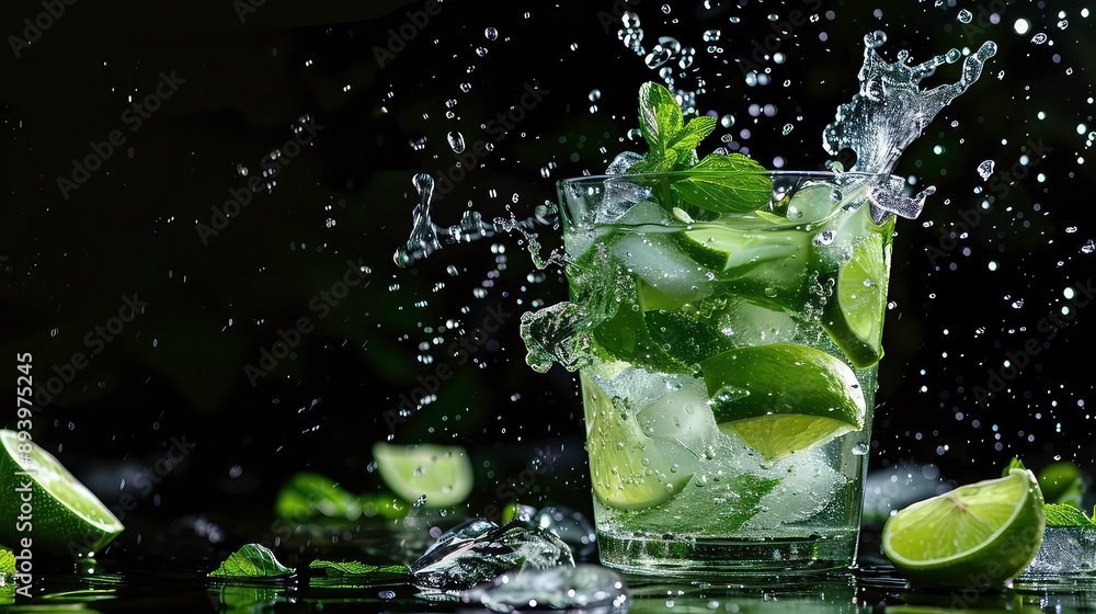 Product shot of a splashing mojito, isolated black background. Generative AI Product shot of a splashing mojito, isolated black background. Generative AI