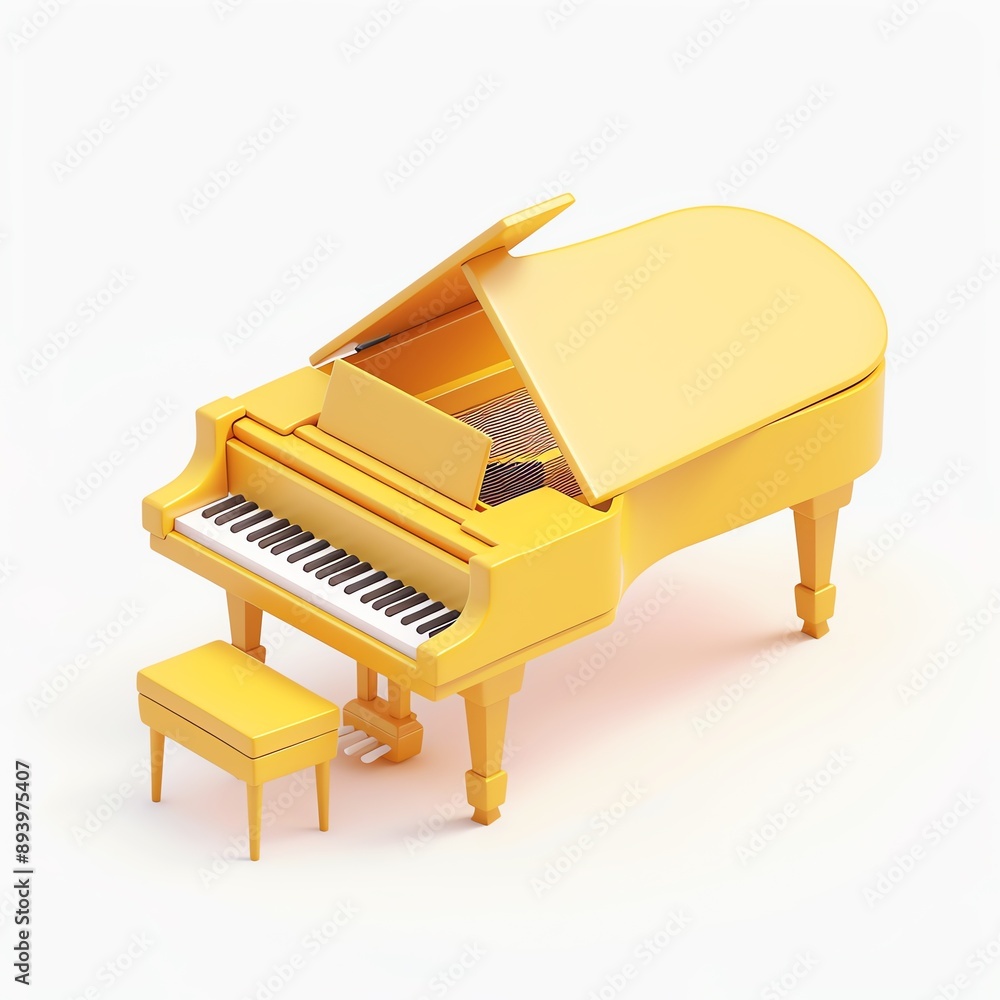 Yellow grand piano with open lid and stool, isolated on white background. Yellow grand piano with open lid and stool, isolated on white background.