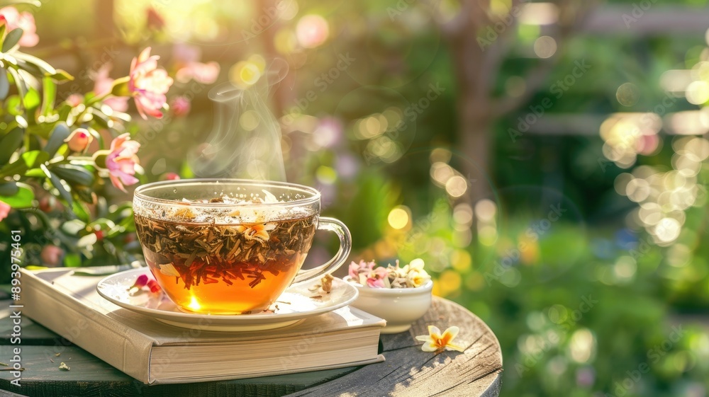 Steaming cup of tea on book in sunny garden Steaming cup of tea on book in sunny garden