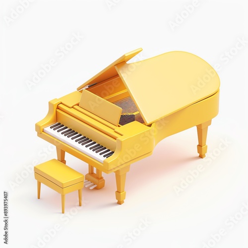 Yellow grand piano with open lid and stool, isolated on white background.