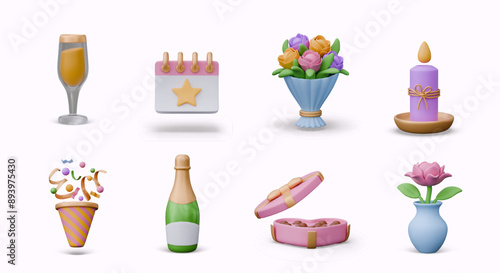 Glass of champagne, calendar, bouquet, candle, cone cracker, bottle of wine, chocolates, flower