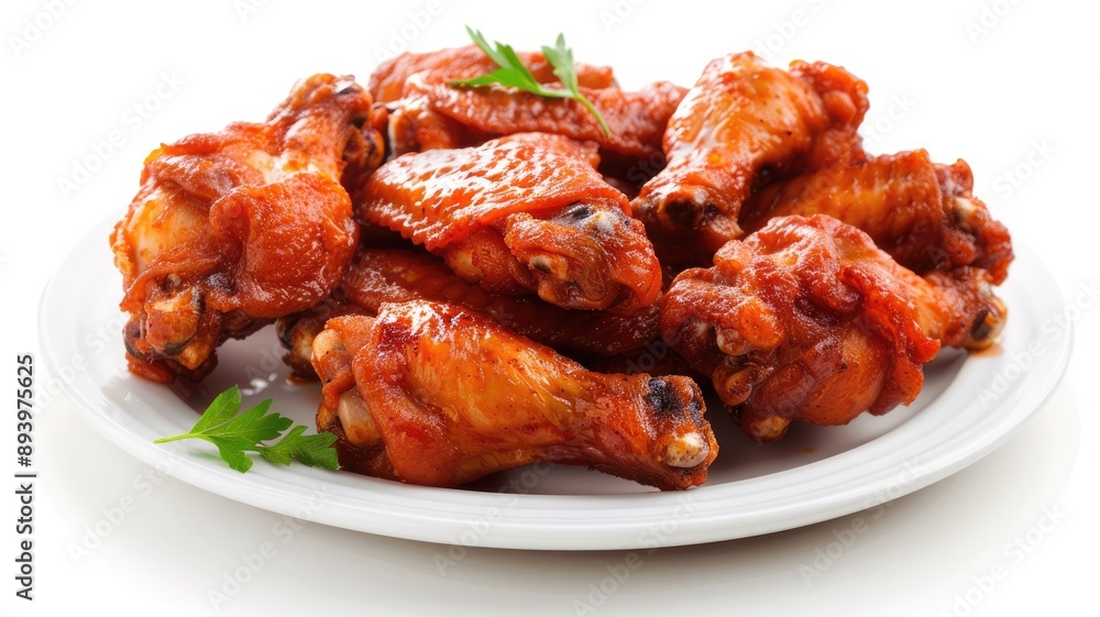 Spicy, saucy chicken wings served on white plate Spicy, saucy chicken wings served on white plate
