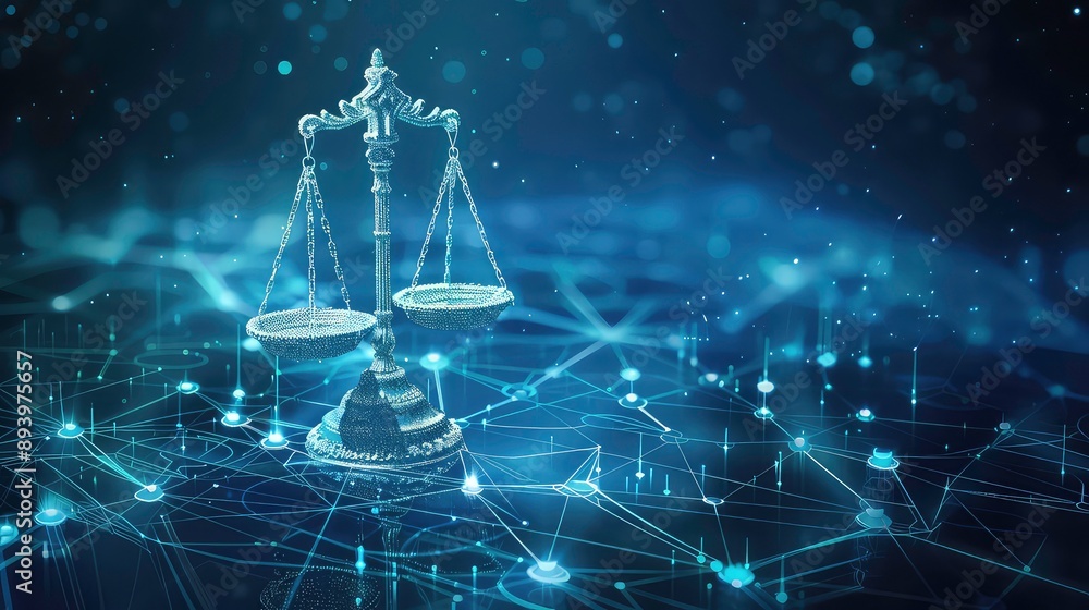 Scales of Justice in Digital World Concept. Digital illustration Scales on futuristic blue data network background. Generative AI Scales of Justice in Digital World Concept. Digital illustration Scales on futuristic blue data network background. Generative AI