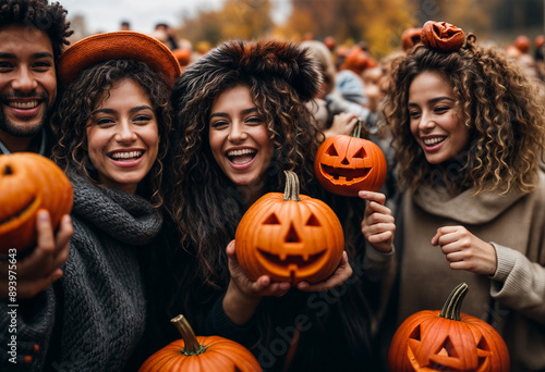 The image shows a group of four women who are smiling and holding carved pumpkins.