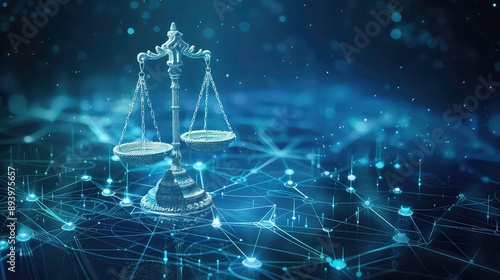 Scales of Justice in Digital World Concept. Digital illustration Scales on futuristic blue data network background. Generative AI photo