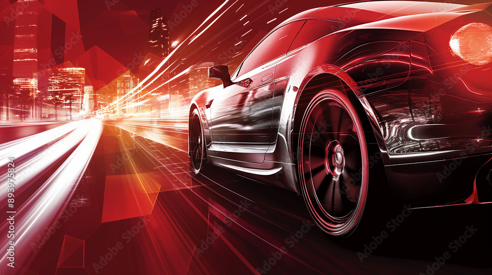 Dynamic sports car speeding through city at night, motion blur, illuminated by vibrant red and white lights, urban and automotive concept Dynamic sports car speeding through city at night, motion blur, illuminated by vibrant red and white lights, urban and automotive concept